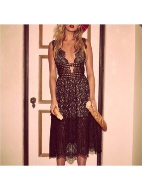 For love & lemons mon cheri lace crochet midi dress black SZ XS